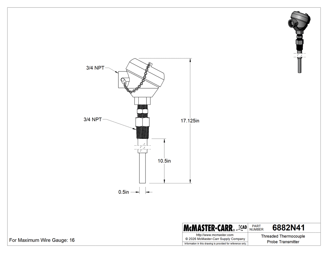 Technical Drawing of Threaded Thermocouple Probe Transmitter, with Thermowell for Liquid and Gas, Type J, 10-1/2" Long Probe.